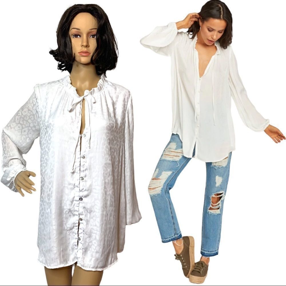 White Cheetah Print Top Show Me Your Mumu Large Alicia Tunic Challis Button Up